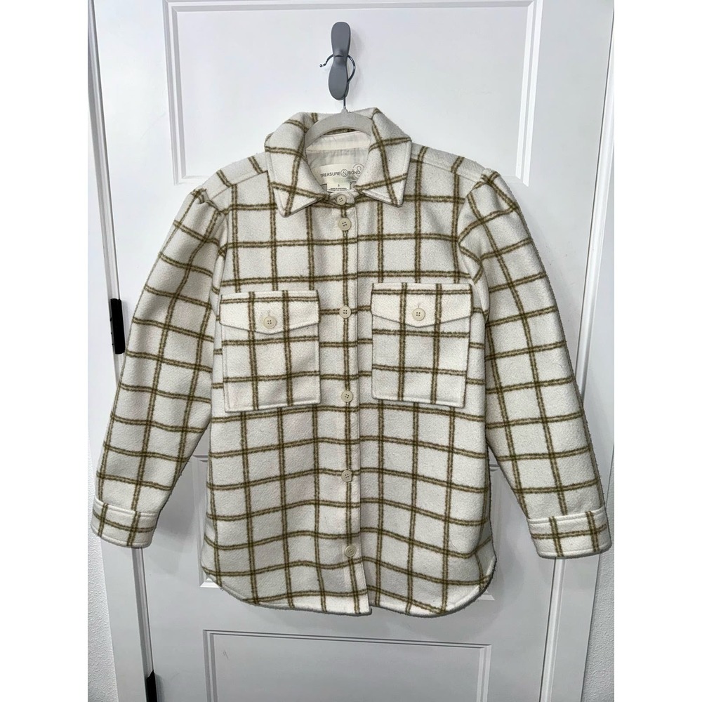 Treasure & Bond Plaid Puff Sleeve Shirt Jacket Ivory Plaid Button Up MSRP $129